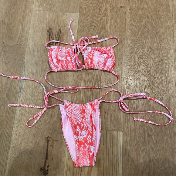 One One Swimwear - Nick Top and Cheeky Bottoms in Red Pink Snakeskin - Picture 1 of 6